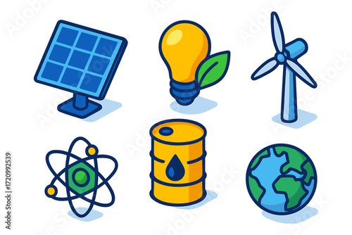 isometric energy and environment icons , solar panel, eco bulb, wind turbine, atom, oil barrel, earth