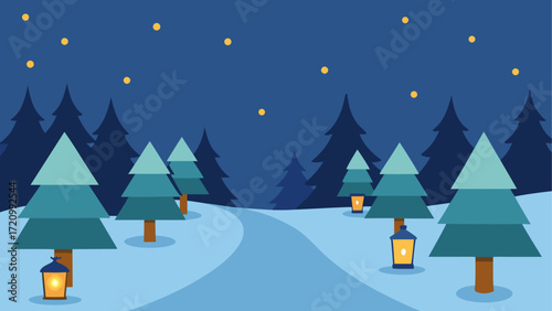 Winter landscape with trees and lanterns