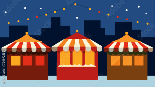 Three market stalls at night with lights