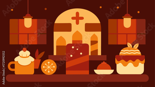 Still life with desserts and architecture