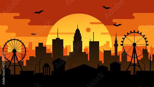 City skyline with ferris wheels at sunset