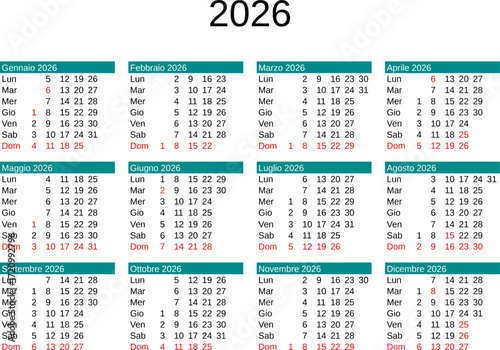 year 2026 calendar in Italian with Italy holidays