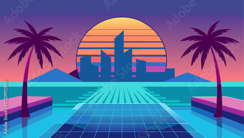 Cityscape with palms and sunset backdrop
