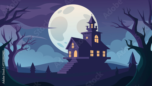 Haunted house under a bright full moon night