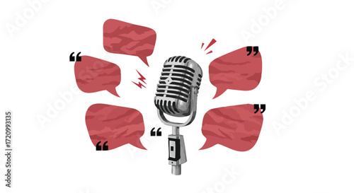 Vintage microphone surrounded by textured red speech bubbles with quotation marks, symbolizing communication and dialogue.