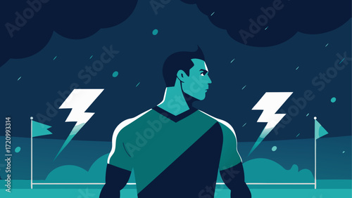 Man standing in a stormy weather with flags