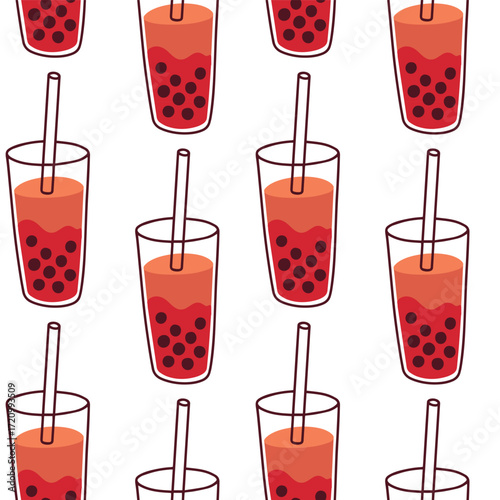 Seamless pattern of bubble tea cups with tapioca pearls and straws. Refreshing sweet drink design for backgrounds and textile prints.