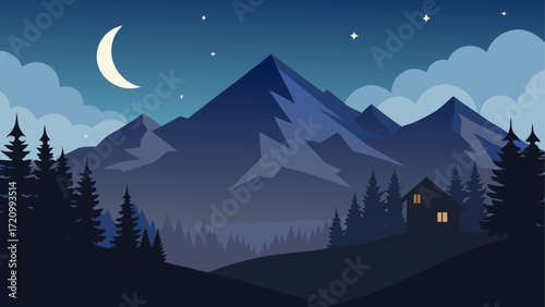 Night landscape with mountains and house