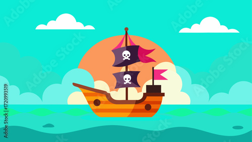 Cartoon pirate ship sailing on the ocean
