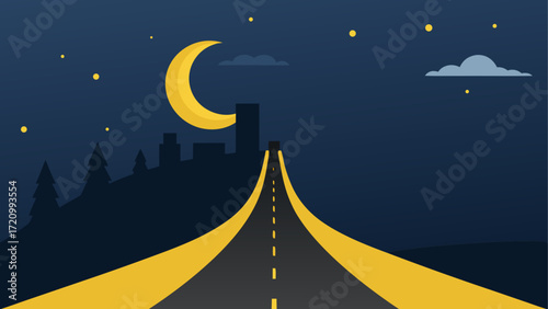 Night road leading to city with moon view