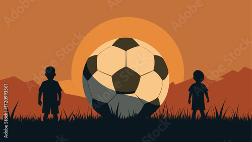 Silhouette of children with soccer ball