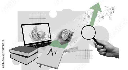 Illustration depicting academic success, featuring a laptop, books, a magnifying glass, and an upward arrow.