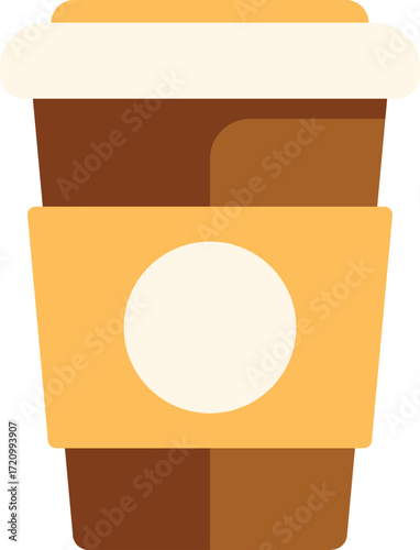 Brown disposable coffee cup with yellow protective sleeve and white label, ideal for takeaway beverages