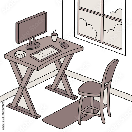 Isometric Minimal Home Office Workspace with Desk, Chair, and Computer near Window