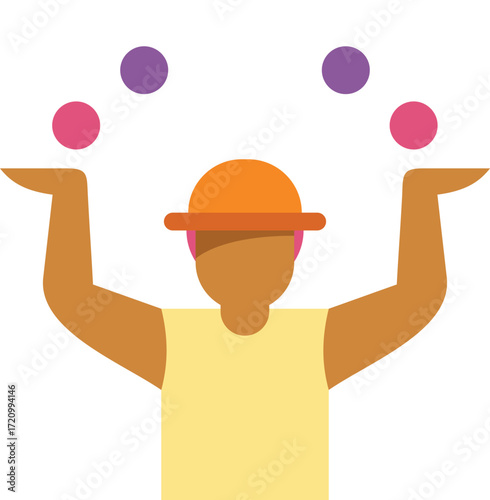 Street artist juggling colorful balls, wearing an orange hat and yellow shirt, performing a show