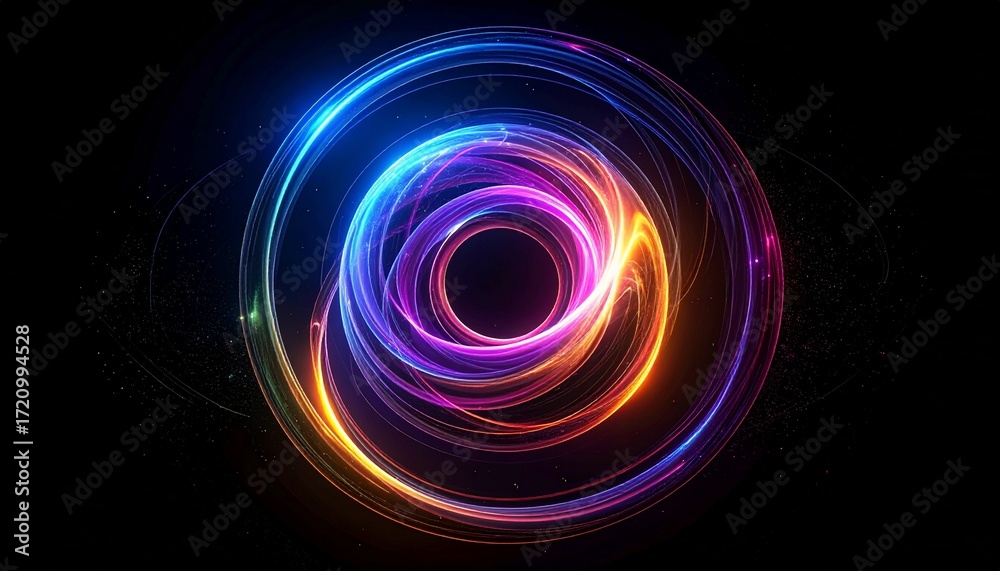 Obraz premium A colorful glowing abstract sphere spinning in the darkness, resembling a neutron star. The orb radiates vibrant light in multiple hues—blue, purple, pink, orange, and green—swirling together.