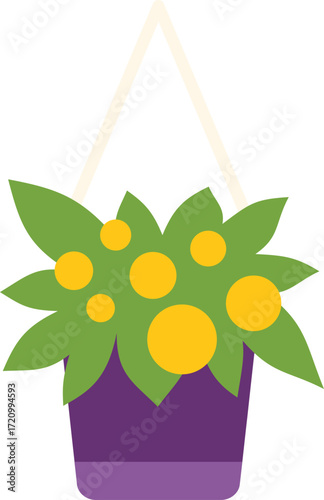 Purple hanging flower pot with yellow flowers and green leaves, isolated on white background