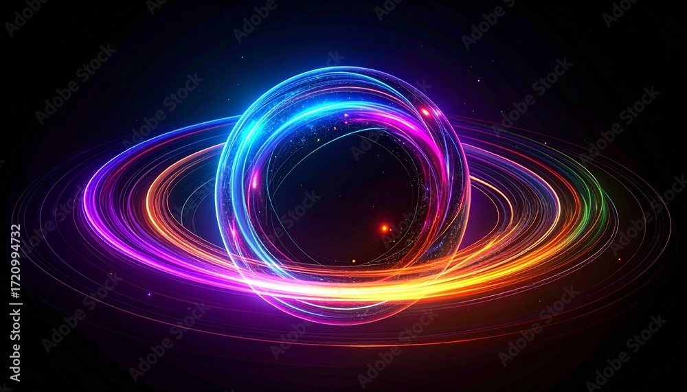 Obraz premium A colorful glowing abstract sphere spinning in the darkness, resembling a neutron star. The orb radiates vibrant light in multiple hues—blue, purple, pink, orange, and green—swirling together.