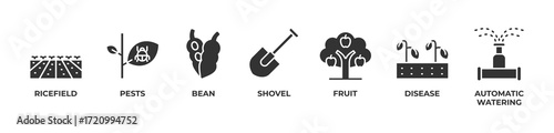 Healthy Fields Management Icons set vector illustration glyph with icefield, Pests, Bean, Shovel, Fruit, Disease, Automatic watering 
