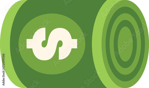 Roll of green banknotes with dollar sign representing saving, investment, earning and wealth