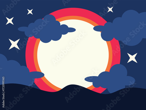 Colorful round moon shining over dark blue hills at night with clouds and stars