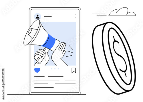 Hand holding megaphone on mobile screen symbolizes social media marketing. Coin represents monetization and financial success. Ideal for advertising, communication, business growth, branding