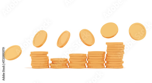 3D rendering of golden coins stacked in an ascending graph, with individual coins falling or rising, symbolizing financial growth and investment.