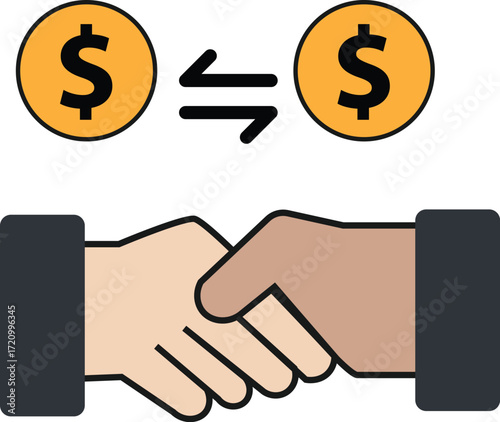 Two hands shaking below dollar coins with arrows indicating exchange.
