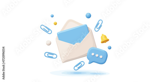 Email notification with message bubble, bell, and paperclips in 3D render.
