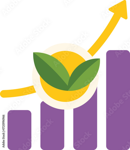 Bar graph with growing line featuring green leaves symbolizes sustainable growth and positive trend