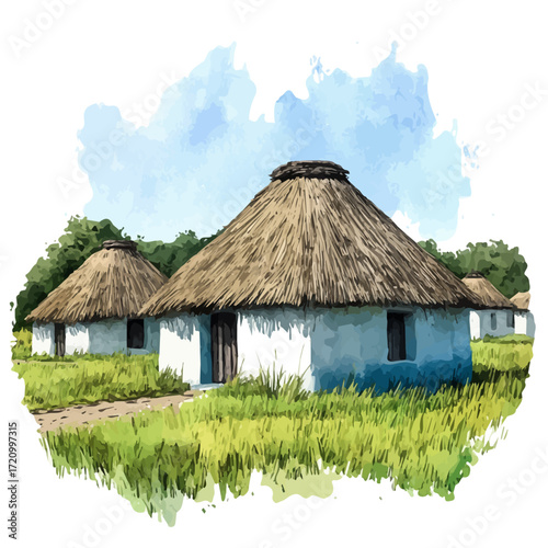 watercolor of Hungarian MohAcs Village, vector, isolated on a white background.