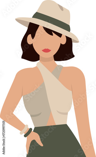 Stylish faceless woman in a beige fedora hat and halter top posing with hand on hip.