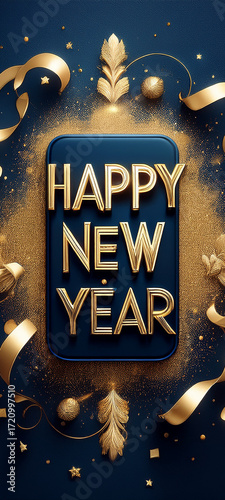 Golden New Year Celebration With Elegant Script Text And Festive Gold Ornaments On Navy Background