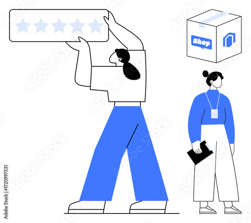 Person holding five-star rating rectangle, professional standing figure with clipboard, shop package. Ideal for e-commerce, customer feedback, quality validation, retail evaluation, satisfaction