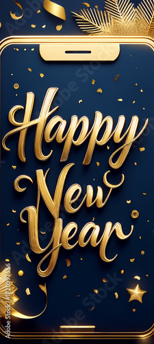 Luxurious navy background features gleaming gold script reading 'Happy New Year' surrounded by festive ornaments, ribbons, and stars, conveying celebration, luxury, and seasonal optimism for New Year 