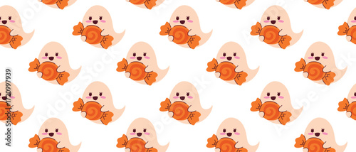 Seamless Halloween pattern with an adorable ghost holding a big orange candy. Repetitive background perfect for a trick or treat theme, holiday wrapping paper, fabric, and textiles.
