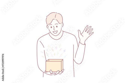 Feeling surprised and amazed concept. Young smiling boy man cartoon character standing looking at box with colorful surprise feeling amazed vector illustration