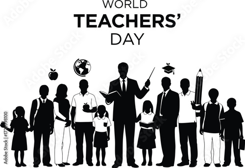 Celebrate World Teachers Day with diverse silhouettes and learning icons