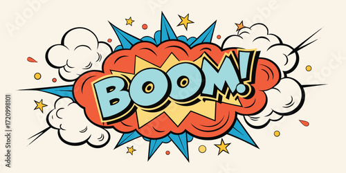 Bold comic style explosion graphic with the word boom, dynamic colors, and burst effects suitable for various design projects