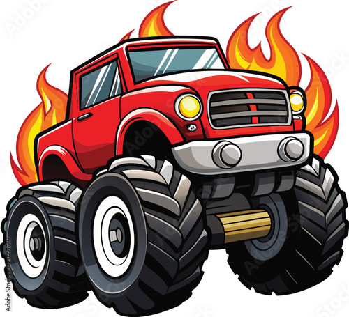 Fiery Red Monster Truck Huge Tires Flames Power