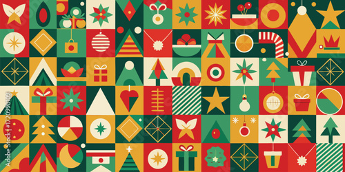 Colorful winter holiday pattern with various shapes, decorations, and festive elements for winter celebrations