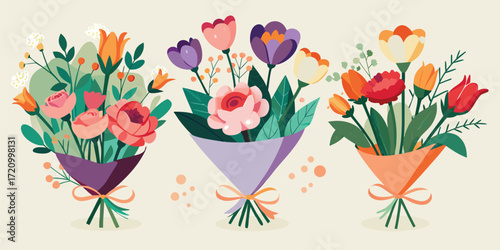 Colorful floral bouquets featuring roses, tulips, and wildflowers in various shapes and colors arranged in decorative paper wraps