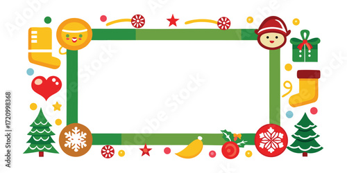 Colorful festive frame design featuring Christmas elements like trees, stockings, snowflakes, and gifts for holiday celebrations
