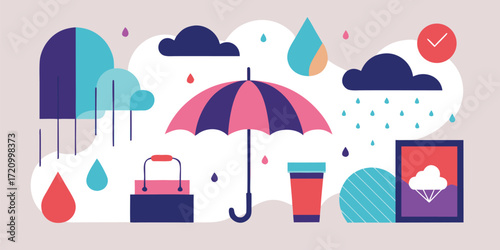 Colorful illustration of rainy weather elements featuring an umbrella, raindrops, and clouds with a playful design style