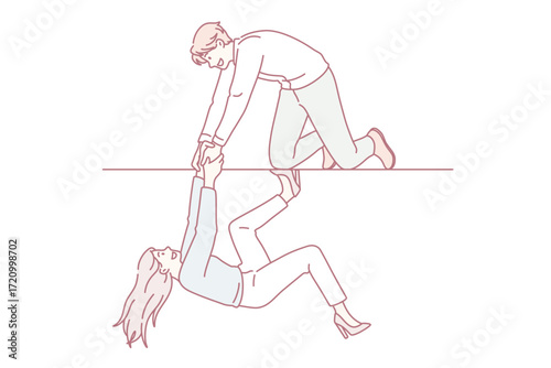 Helping hand and support concept. Young smiling man cartoon character sitting on knees giving hand to woman helping her to climb up vector illustration