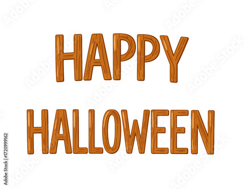 "Happy Halloween" text displayed in a wood-like font against a white background.