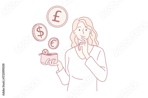 Various currency and money concept. Young smiling woman cartoon character standing holding red purse with flying different coins vector illustration