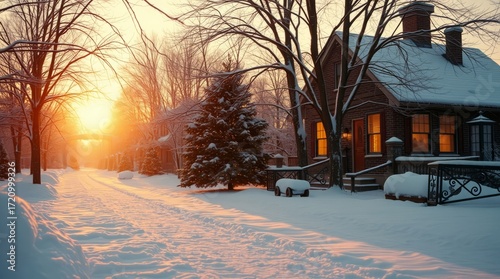 Cozy Winter Sunrise: A serene winter scene where a charming house is bathed in the golden light of a gentle sunrise, creating a tranquil and heartwarming ambiance.