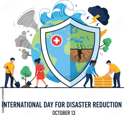 Disaster preparedness and relief concept with global protection, people working