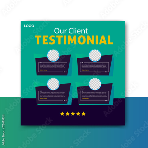 Modern and dynamic client testimonial social media template. Perfect for showcasing customer reviews and feedback in an engaging way. Fully editable vector illustration.	
